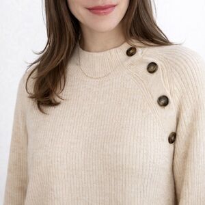 Neely Women’s Oatmeal Ribbed Mock neck Sweater Chunky Shoulder Buttons Size M